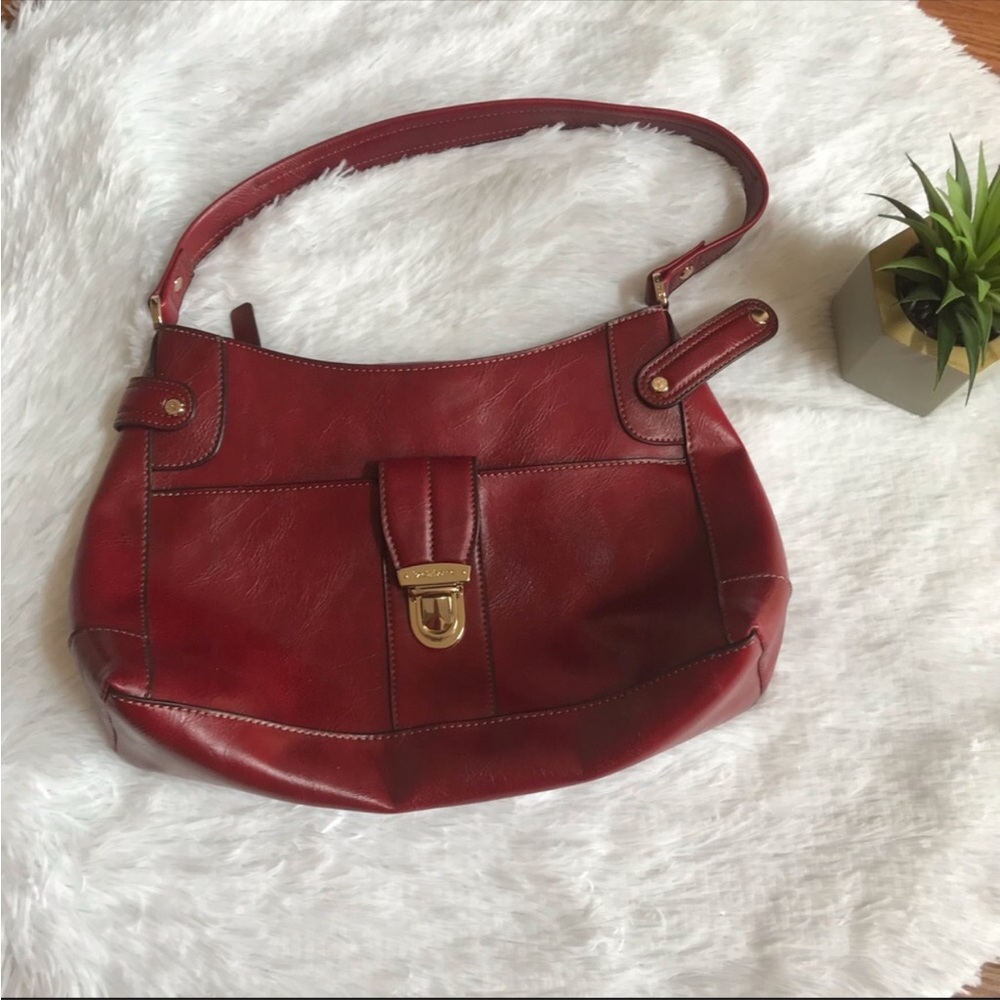 Liz Claiborne Deep Red Shoulder Bag With Gold Accents